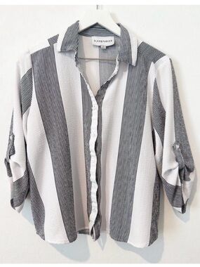 Alex &‎ Parker Striped Collared Button Front Roll Tab Shirt Black White Large